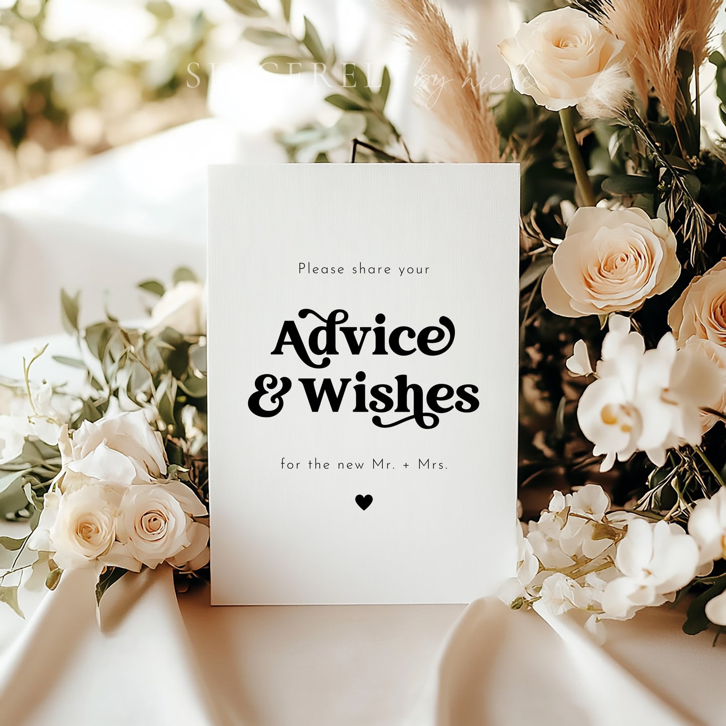 Elegant wedding advice and wishes sign with black script lettering on a minimalist white background. Ideal for guests to share heartfelt messages for the newlyweds. A beautiful addition to a wedding reception or bridal shower.