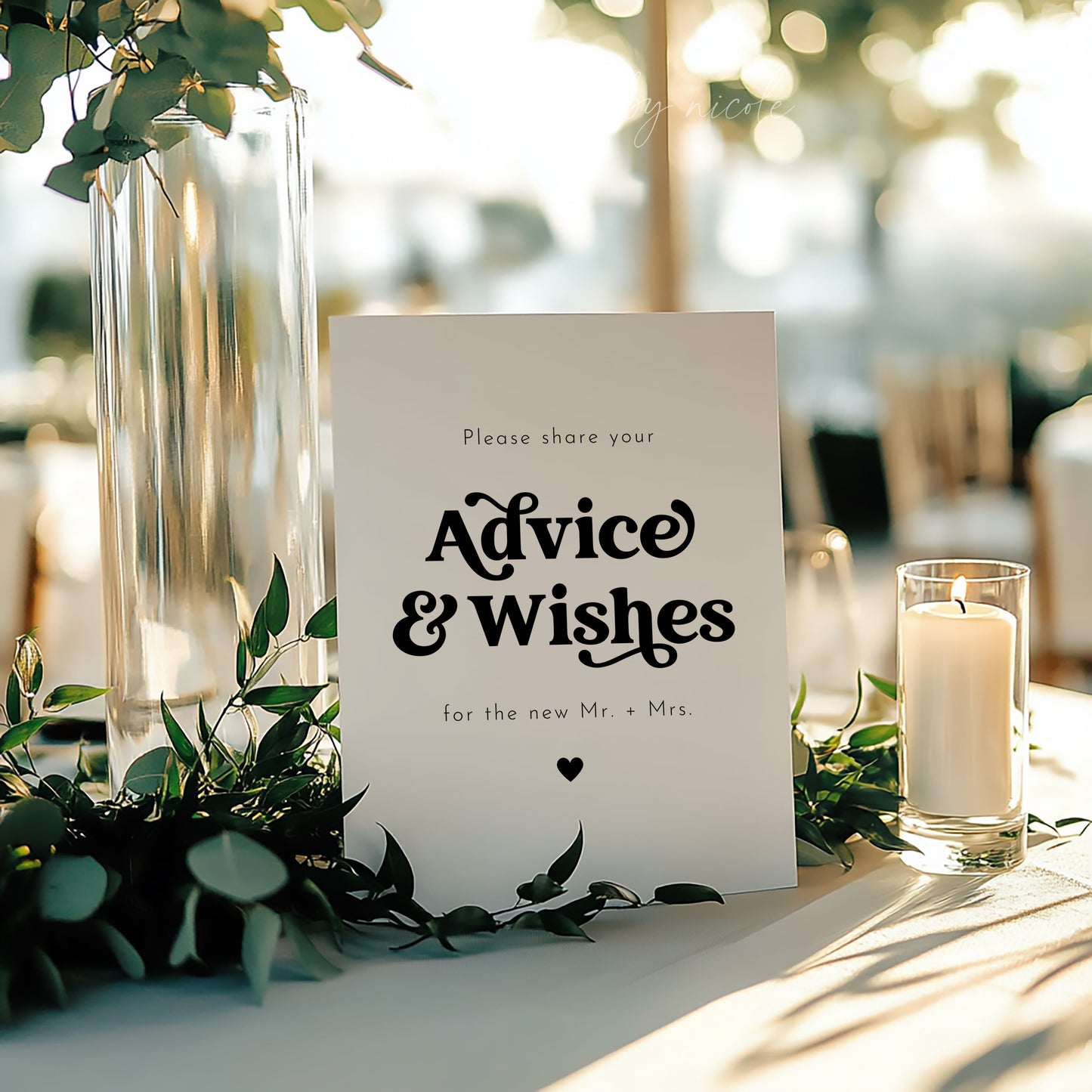 A modern wedding advice and wishes sign with a clean layout, black lettering, and a subtle heart detail. A timeless piece for gathering thoughtful messages at a wedding or engagement party.