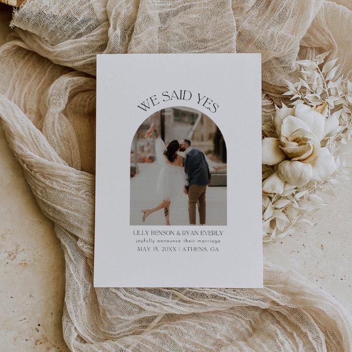 Boho Arch Photo We Said Yes Elopement Announcement Template Editable In Canva SIERRA - SincerelyByNicole