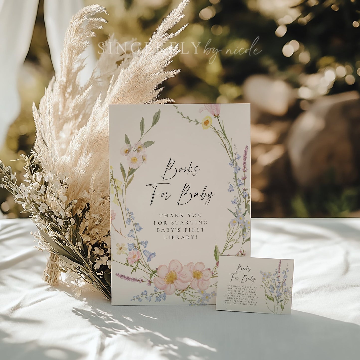 Boho Wildflower Baby Shower Books For Baby Sign and Cards - SincerelyByNicole