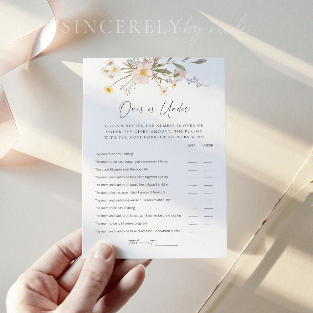Boho Wildflower Baby Shower Game Over Or Under - SincerelyByNicole