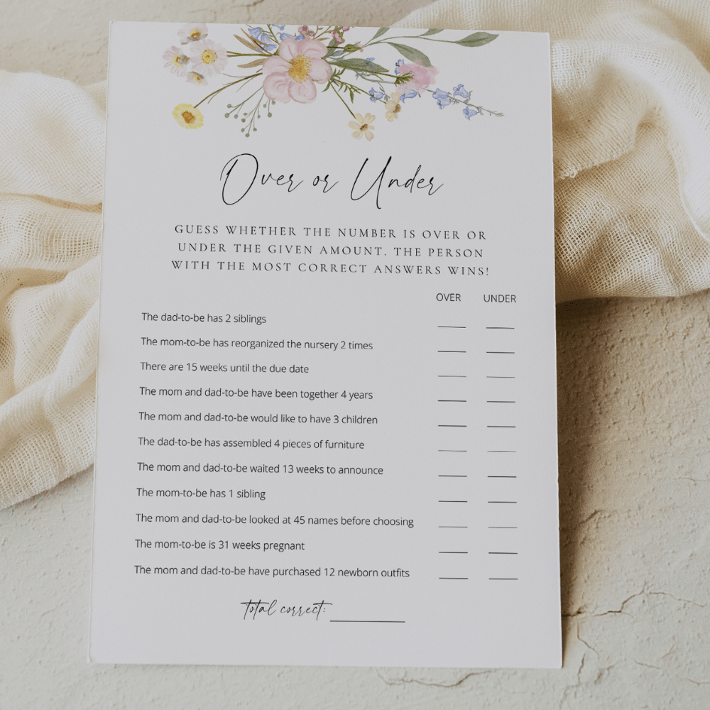 Boho Wildflower Baby Shower Game Over Or Under - SincerelyByNicole