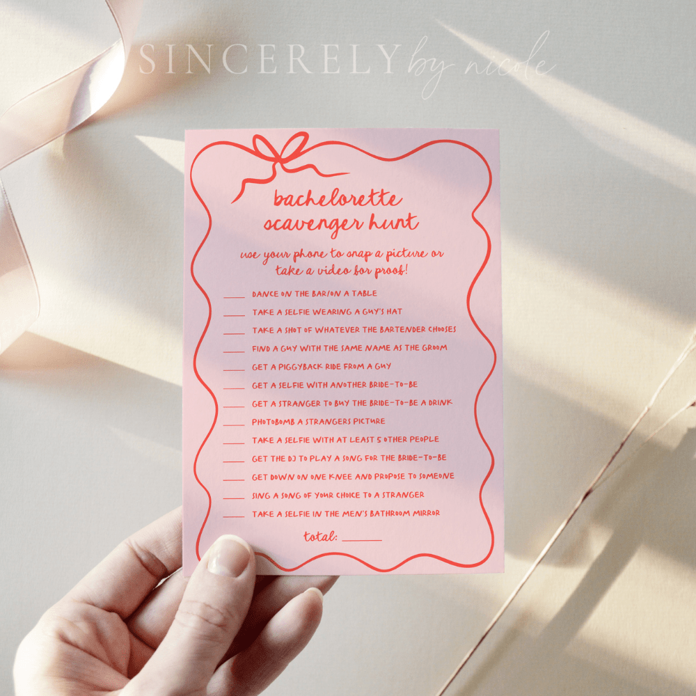 Hand Drawn Pink and Red Wavy Border Bachelorette Party Scavenger Hunt Game - SincerelyByNicole