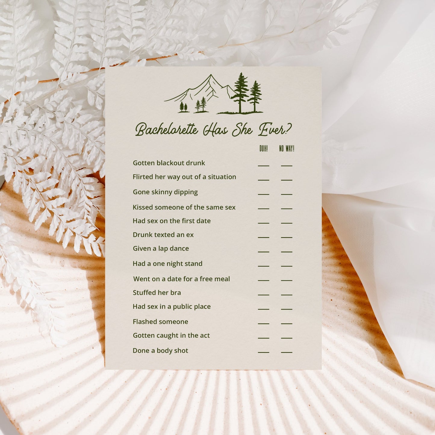 Instant Download Camp Bachelorette Party "Has She Ever" Dirty Bachelorette Game Card - SincerelyByNicole