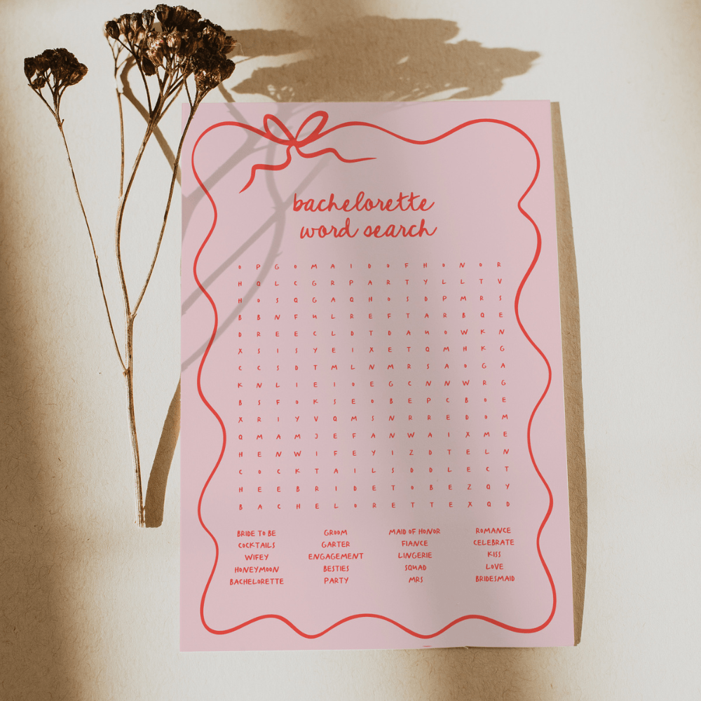Pink and Red Whimsical Wavy Border Bachelorette Word Search - SincerelyByNicole