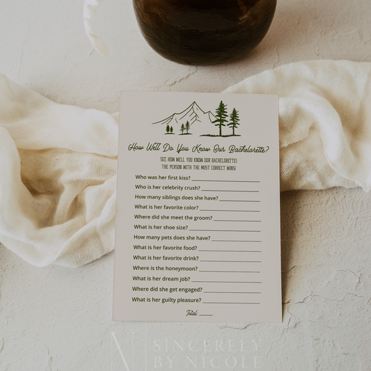 Camping Theme Bachelorette Party Game 'How Well Do You Know The Bachelorette' Printable