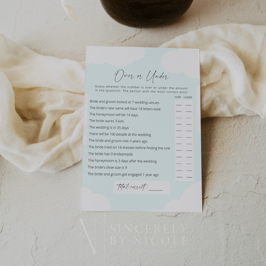 Cloud 9 Bridal Shower Over or Under Game | Editable, Printable Party Game Template