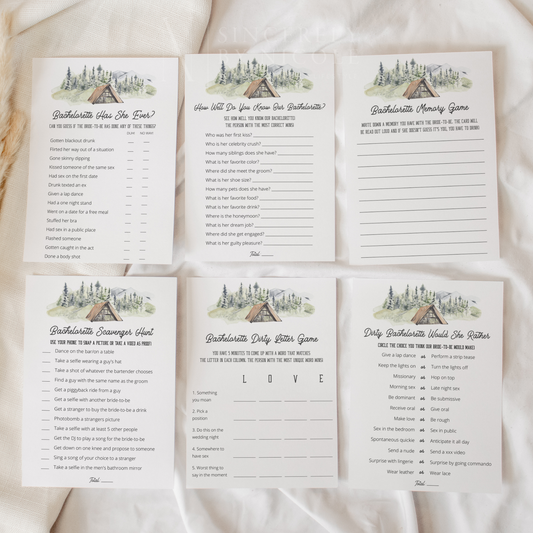 Camping Bachelorette Party Game Templates | 12-Pack Outdoor-Themed Bachelorette Games