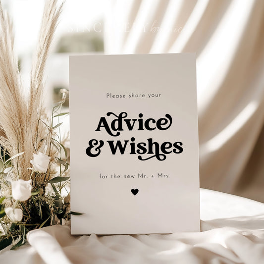 Classic black-and-white wedding advice sign featuring a stylish font. Perfect for a reception table or guest book station, inviting friends and family to offer words of wisdom for the couple.