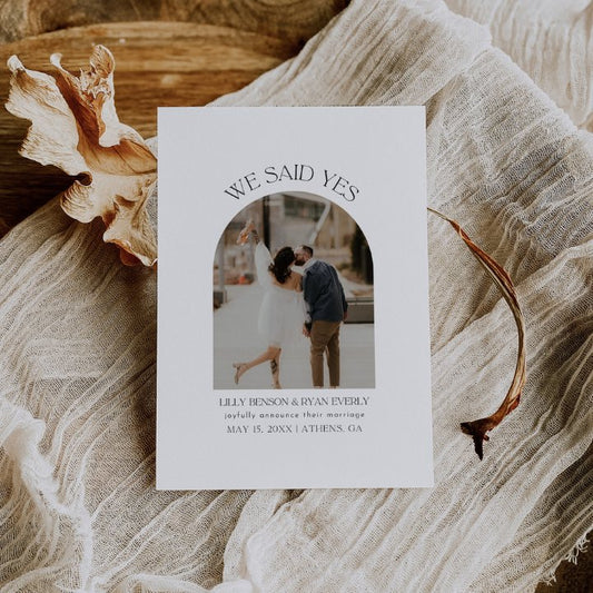 Boho Arch Photo We Said Yes Elopement Announcement Template Editable In Canva SIERRA - SincerelyByNicole