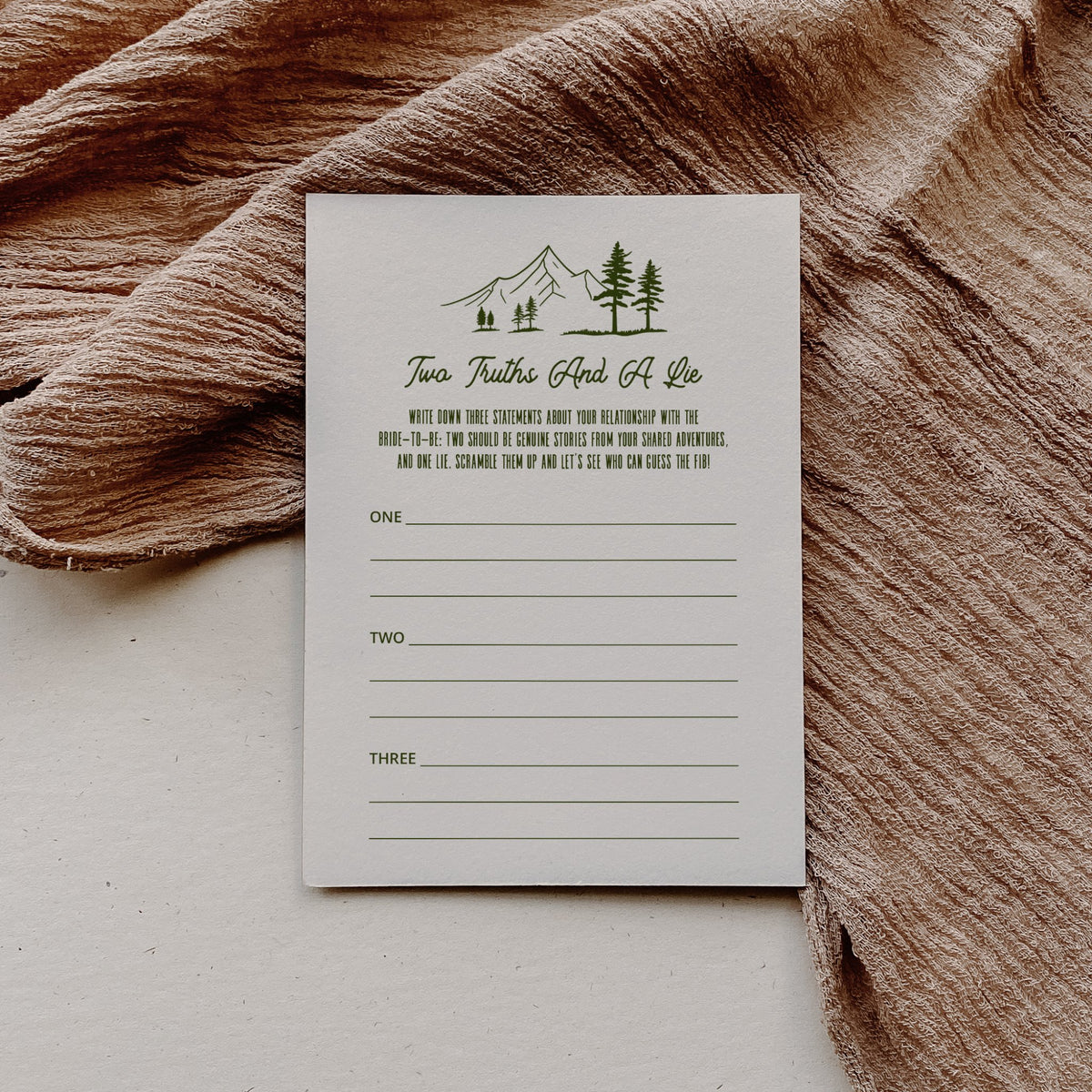Camp Themed Bachelorette Party Two Truths And A Lie Game Card - SincerelyByNicole