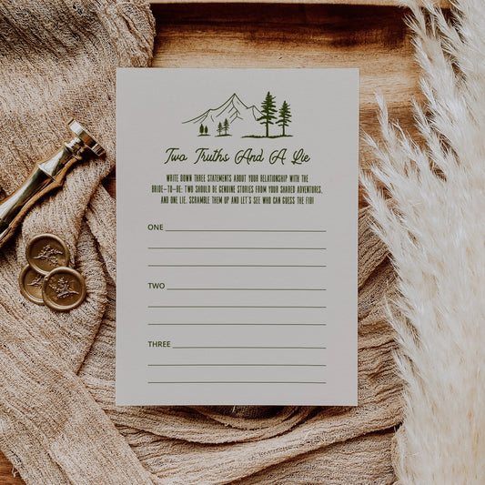 Camp Themed Bachelorette Party Two Truths And A Lie Game Card - SincerelyByNicole
