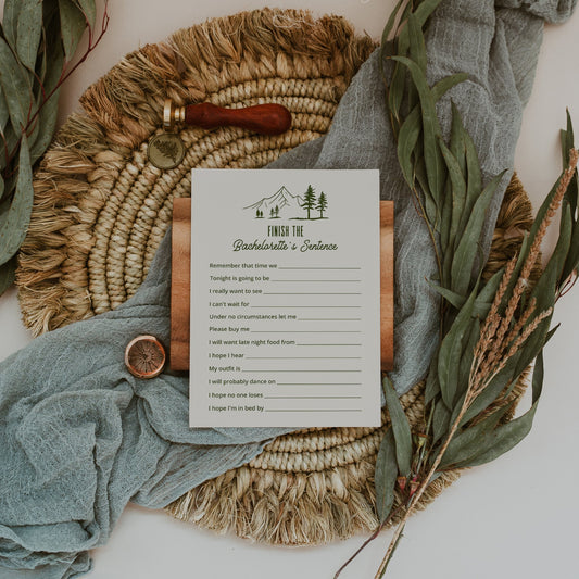 Camp Themed Bachelorette Weekend Finish The Bachelorette's Sentence Game Card - SincerelyByNicole