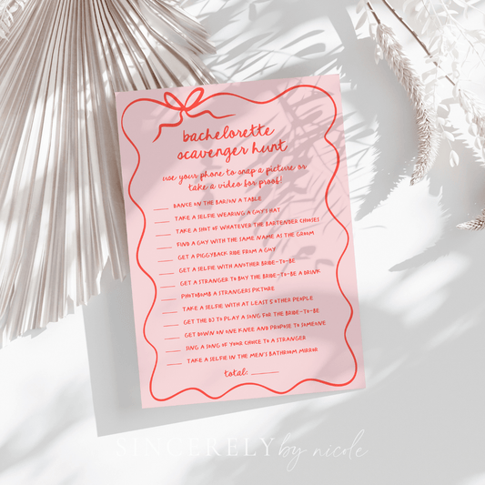 Hand Drawn Pink and Red Wavy Border Bachelorette Party Scavenger Hunt Game - SincerelyByNicole