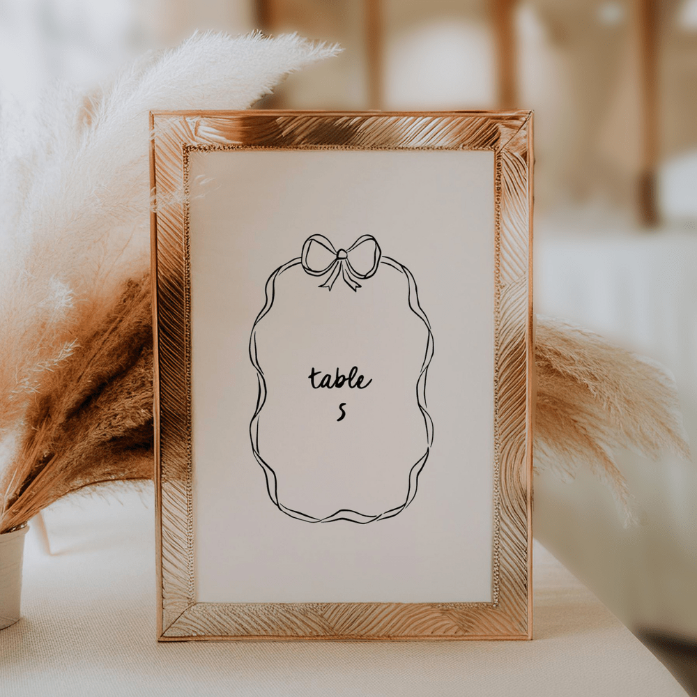 Hand Drawn Whimsical Bow Wedding Table Number Canva Editable - SincerelyByNicole