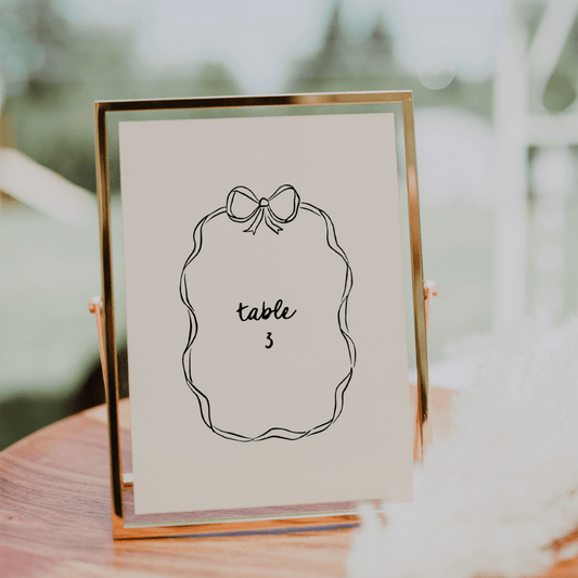 Hand Drawn Whimsical Bow Wedding Table Number Canva Editable - SincerelyByNicole