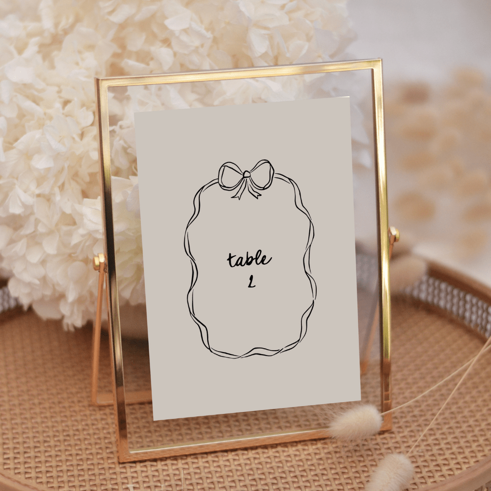 Hand Drawn Whimsical Bow Wedding Table Number Canva Editable - SincerelyByNicole