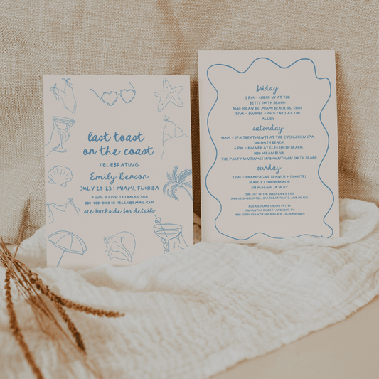 Last Toast On The Coast Bachelorette Invitation Itinerary Template - SincerelyByNicole