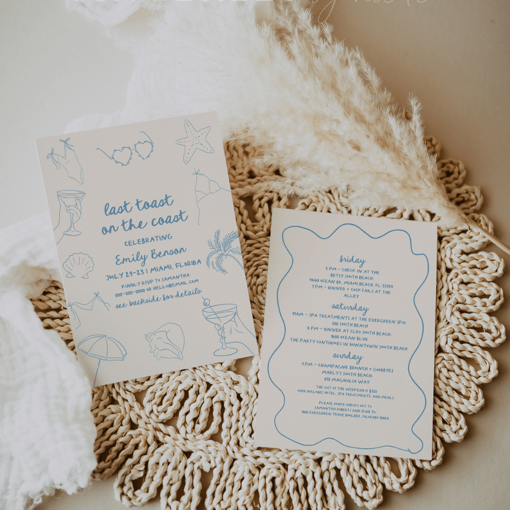 Last Toast On The Coast Bachelorette Invitation Itinerary Template - SincerelyByNicole