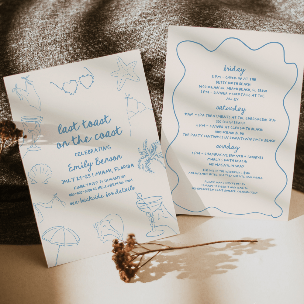 Last Toast On The Coast Bachelorette Invitation Itinerary Template - SincerelyByNicole