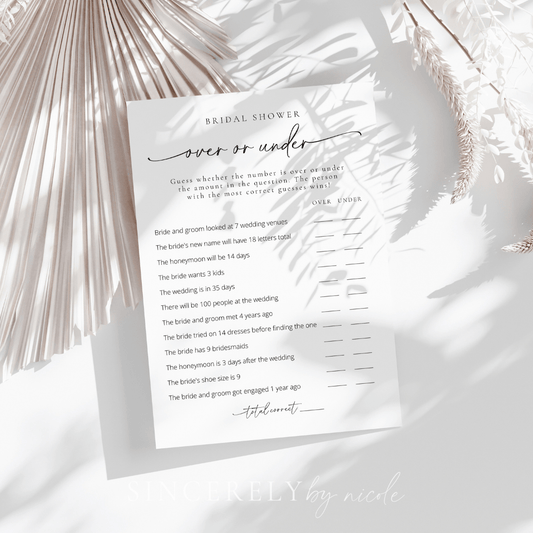 Minimalist Over or Under Bridal Shower Game - SincerelyByNicole