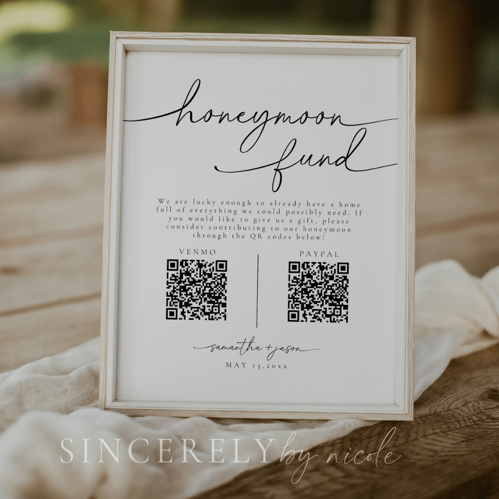 Minimalist QR Code Honeymoon Fund Wedding Sign - SincerelyByNicole