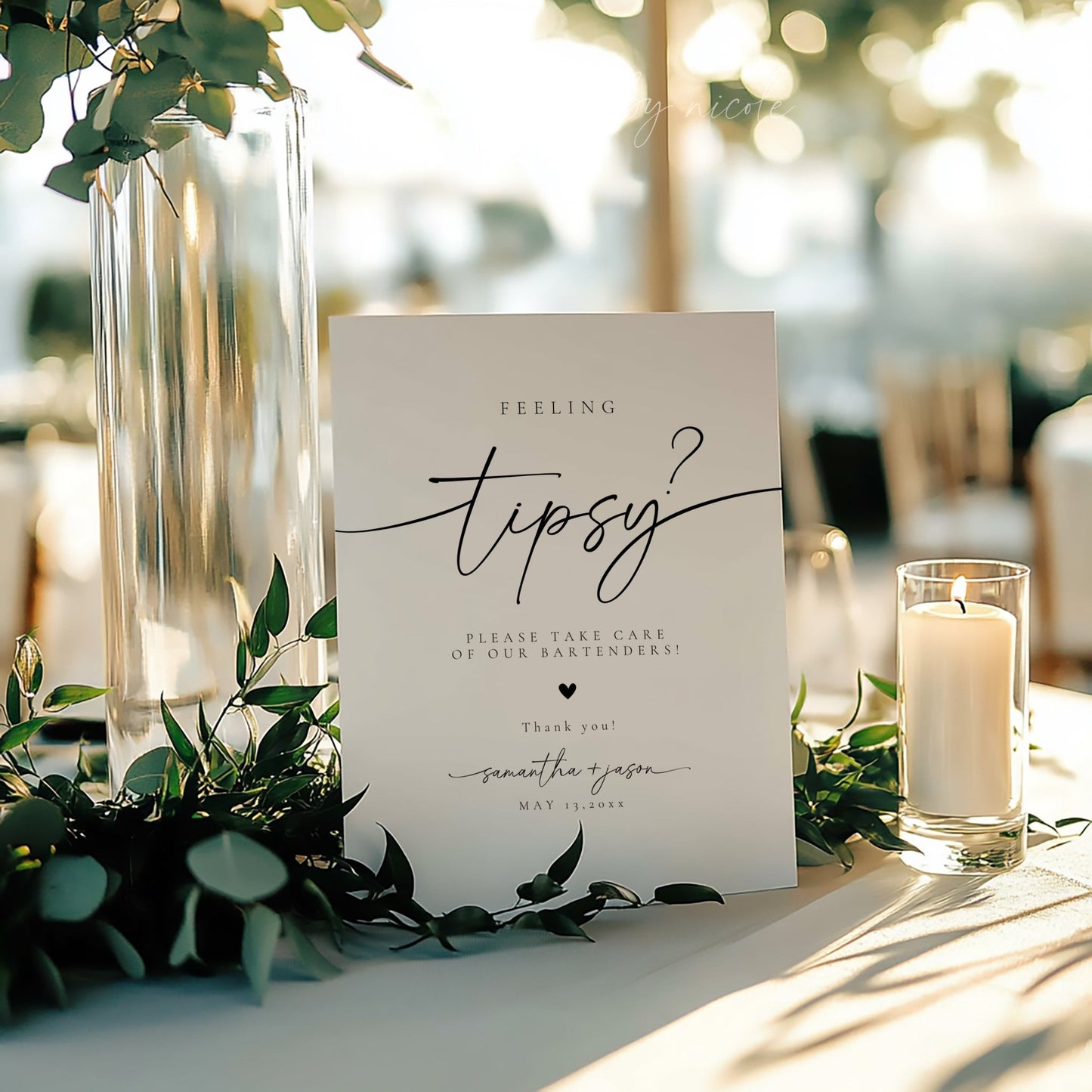 Minimalist Wedding Bartender Tip Sign Printed or Template - SincerelyByNicole