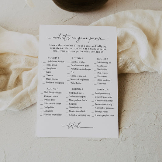 Modern Minimalist What's In Your Purse Bridal Shower Game - SincerelyByNicole