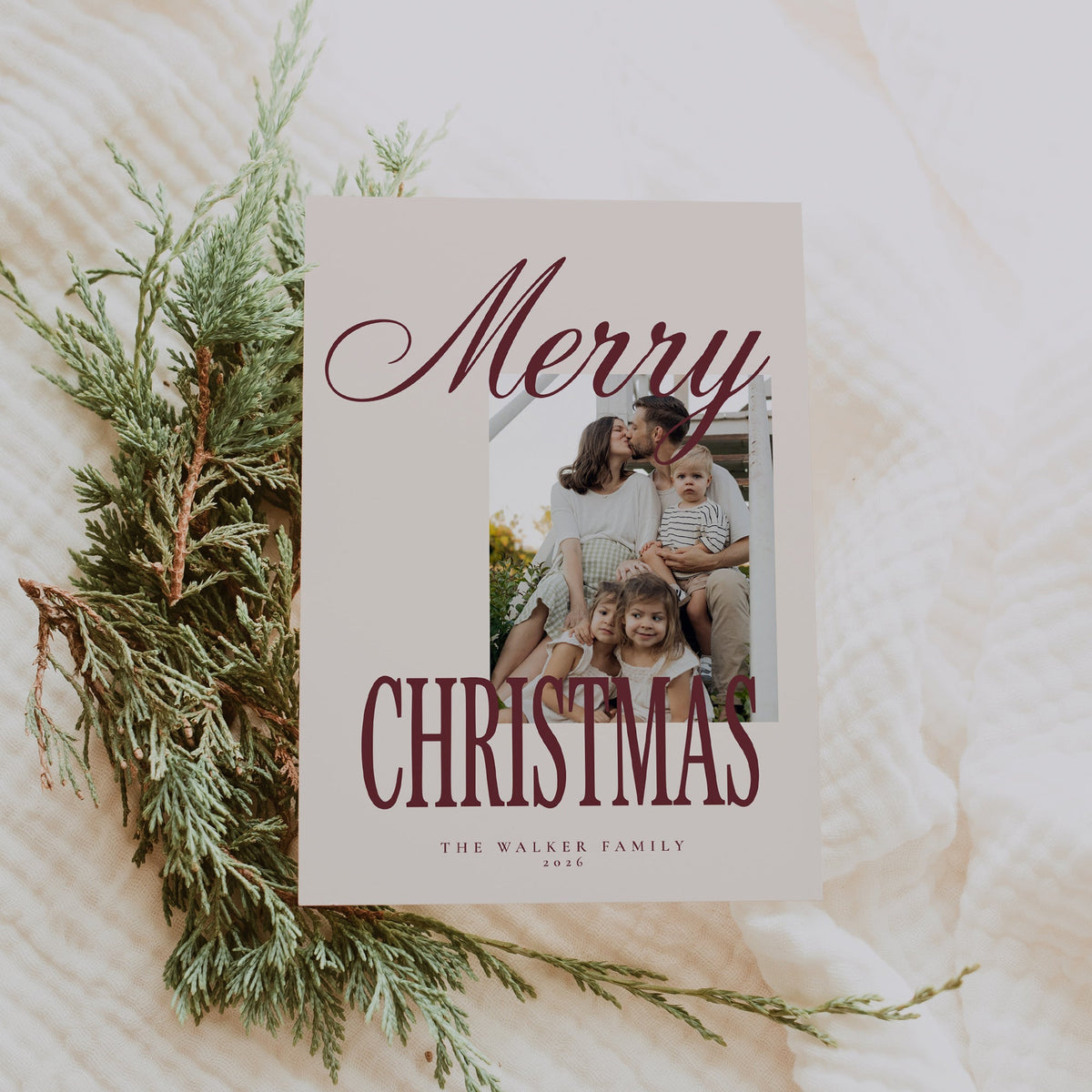 Burgundy Script Christmas Photo Cards