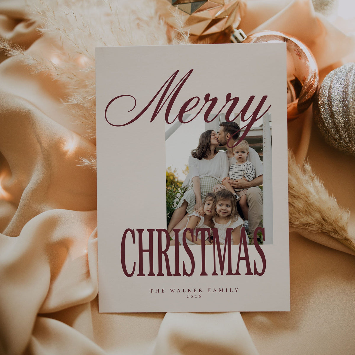 Burgundy Script Christmas Photo Cards