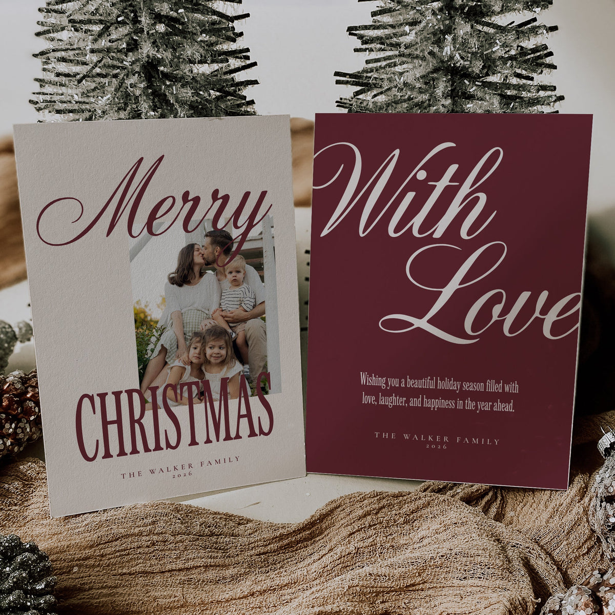 Burgundy Script Christmas Photo Cards