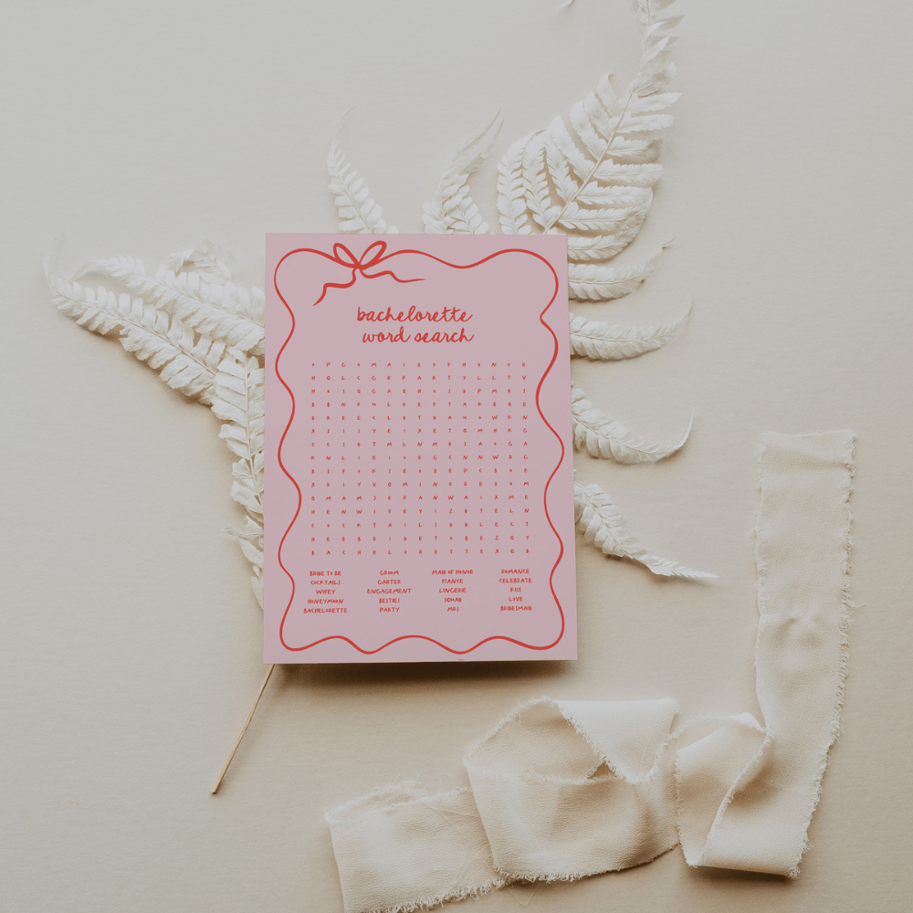 Pink and Red Whimsical Wavy Border Bachelorette Word Search - SincerelyByNicole