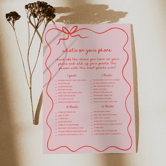 Red and Pink Dirty What's On Your Phone Bachelorette Game - SincerelyByNicole
