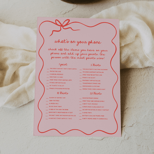 Red and Pink Dirty What's On Your Phone Bachelorette Game - SincerelyByNicole