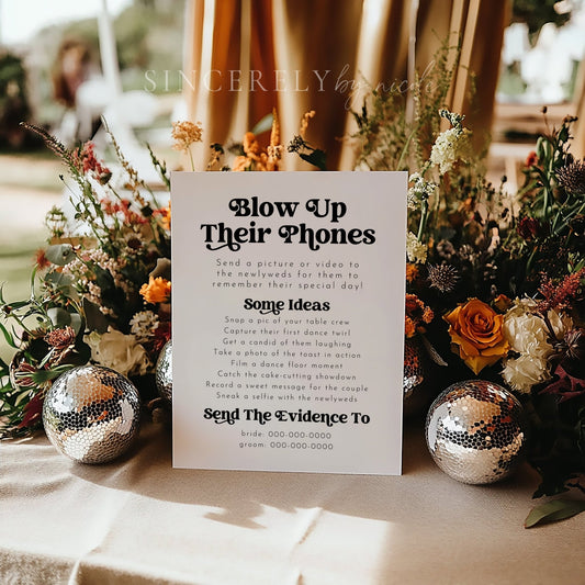 Retro Blow Up Their Phones Scavenger Hunt Wedding Table Sign - SincerelyByNicole