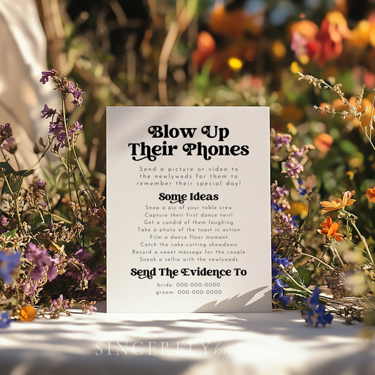 Retro Blow Up Their Phones Scavenger Hunt Wedding Table Sign - SincerelyByNicole