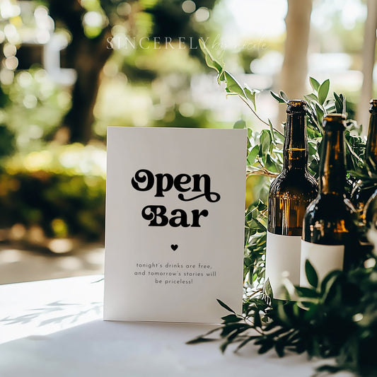 Retro Wedding Funny Open Bar Sign - SincerelyByNicole