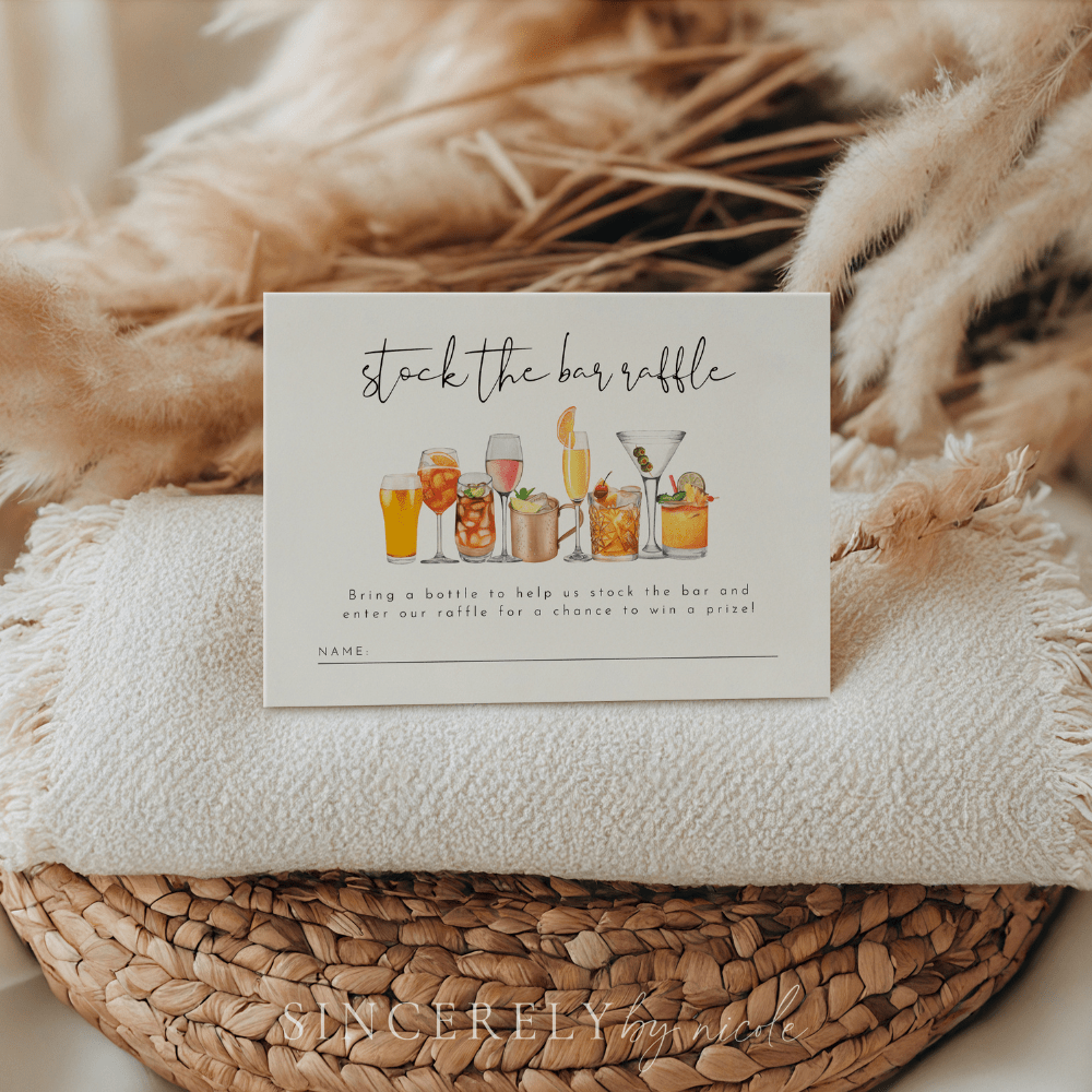 Stock The Bar Raffle Sign and Ticket Minimalist Couples Shower Engagement Party Game - SincerelyByNicole