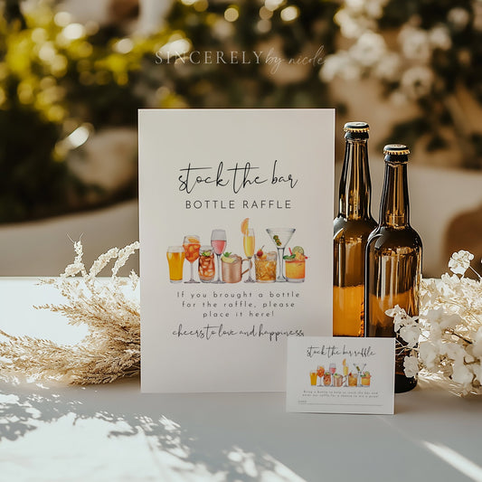 Stock The Bar Raffle Sign and Ticket Minimalist Couples Shower Engagement Party Game - SincerelyByNicole