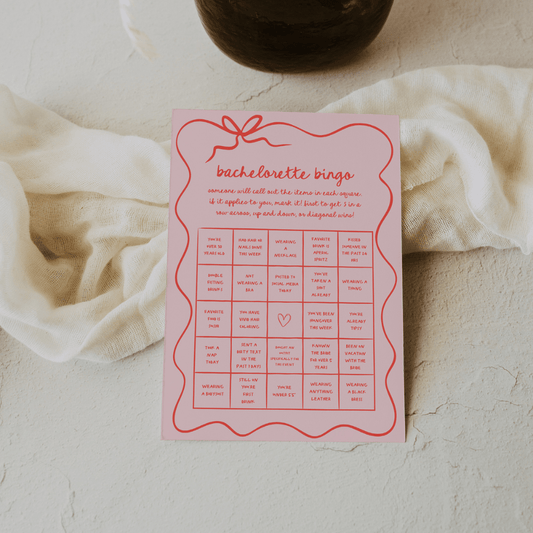 Wavy Hand Drawn Pink and Red Bachelorette Bingo Game Cards - SincerelyByNicole
