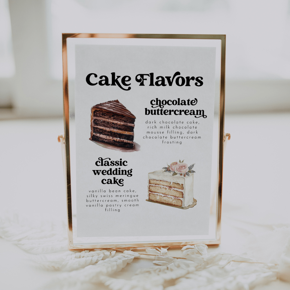 Wedding Cake Flavors Sign With Cake Images - SincerelyByNicole